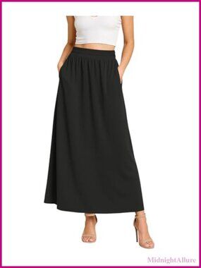 Flowy Maxi Skirt Elastic High Waisted A-Line Long Skirt with Pockets